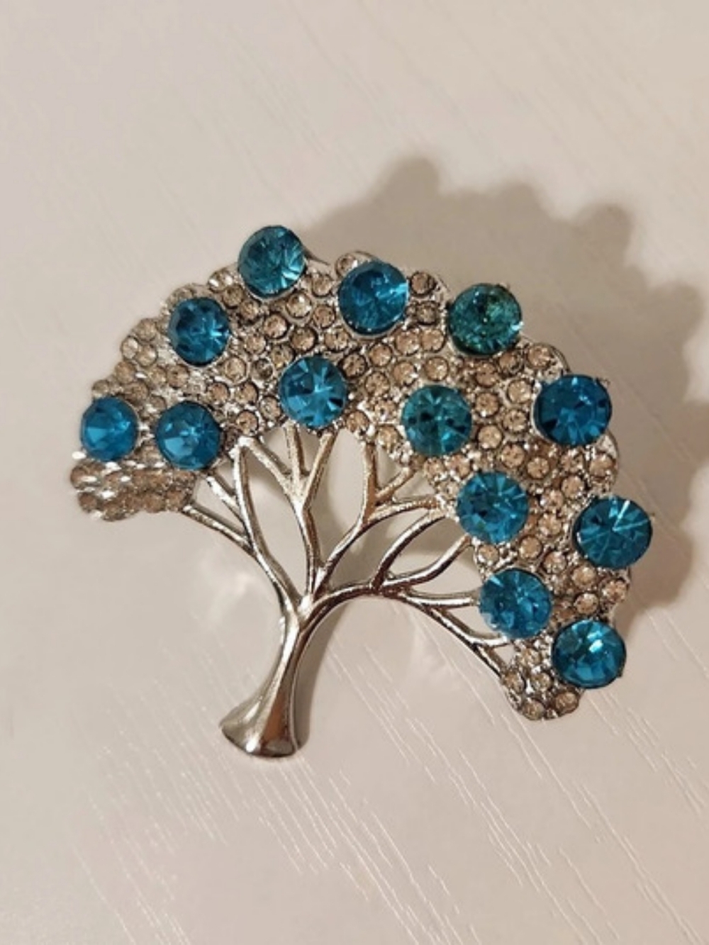 Tree of Life Brooch in Blue Rhinestone And Silver